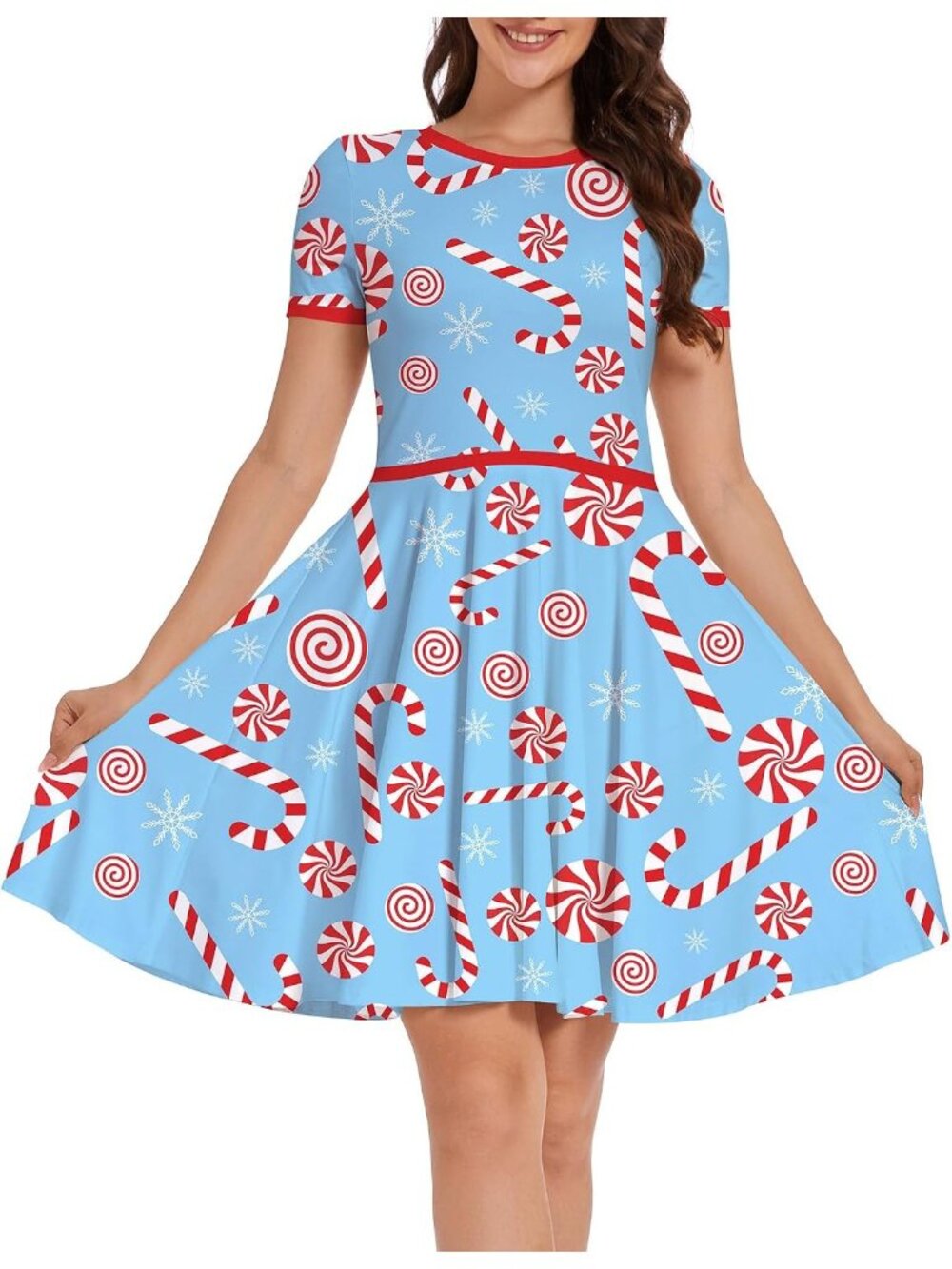 Women's Blue Comfortable Print Holiday Xmas Belt is print Ugly Christmas Dress